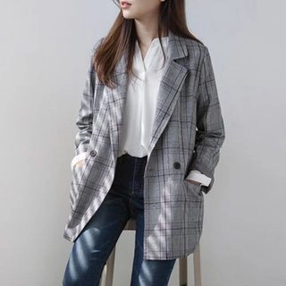Double-Breasted Glen-Plaid Blazer | YesStyle Global