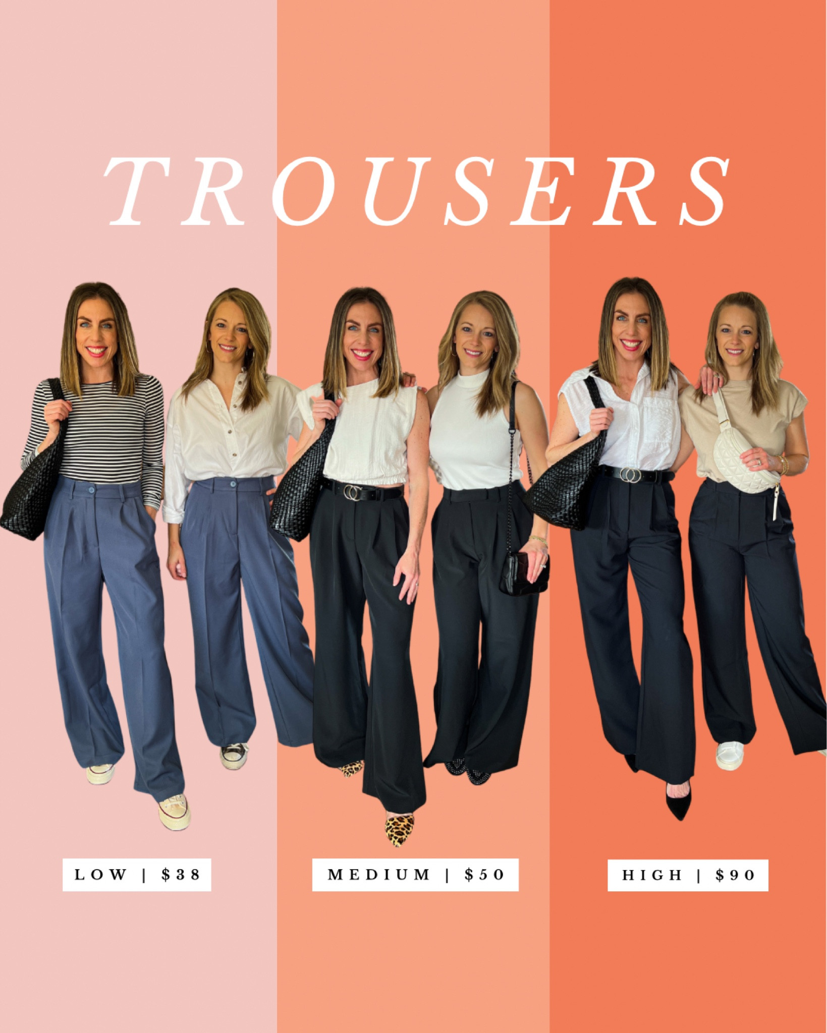 High / Medium / Low:
TROUSERS
.
Low: M: s / K: xs
.
Medium: M: xs / K: xxs
.
High: M: 26 / K: 25