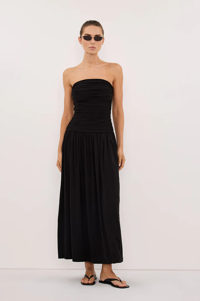 SHARI BLACK STRAPLESS BANDEAU MIDI DRESS | DISSH