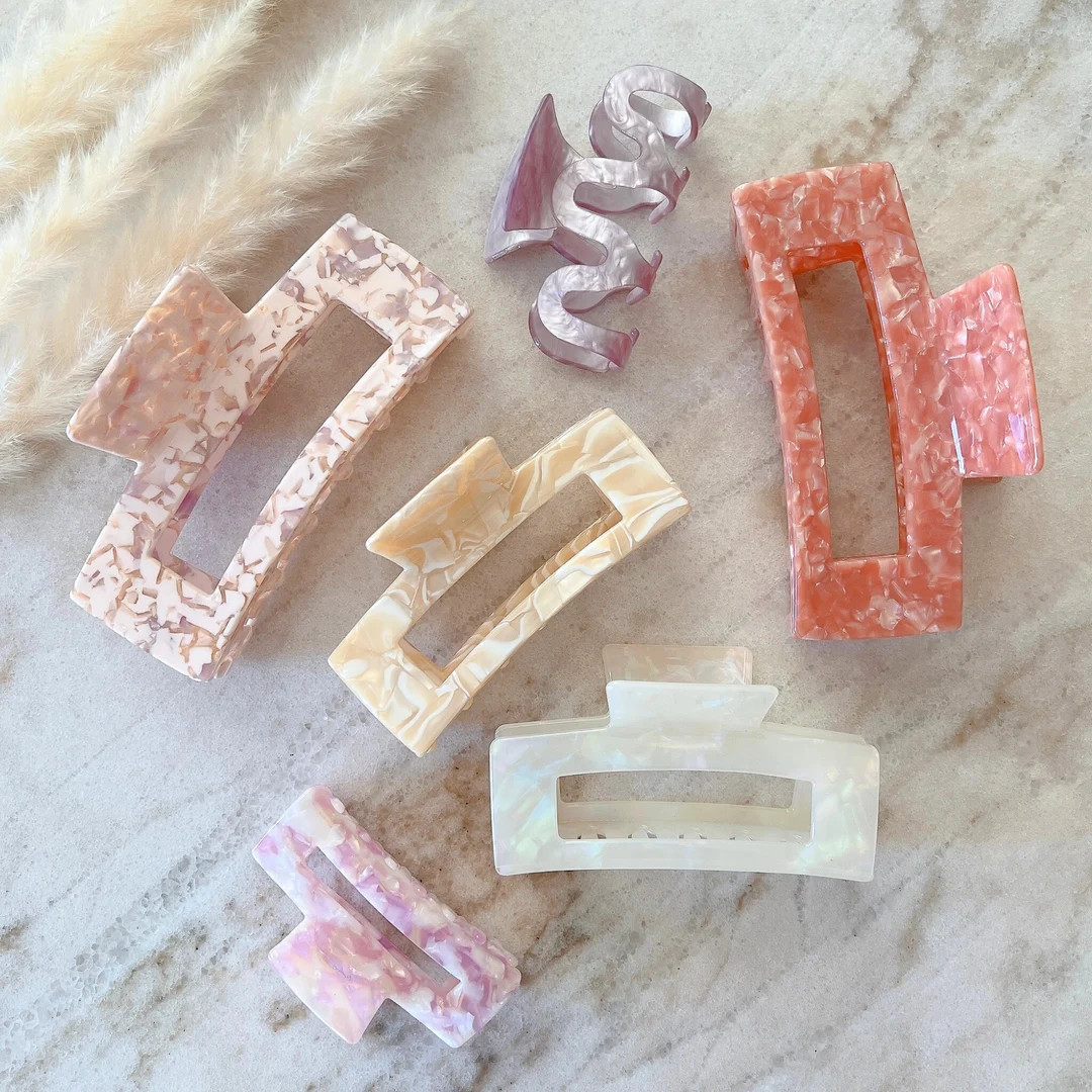 Strong Hold for Thick Hair, Stylish Acetate Claw Clips, Hair Accessories Tortoise Pink Geo Hair C... | Etsy (US)