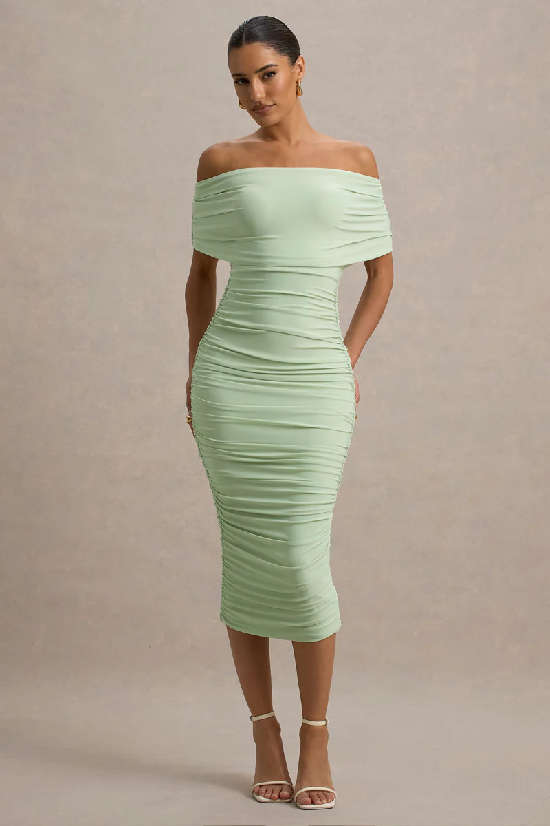 Rayleigh  Light Green Bardot Ruched Midi Dress | Club L London