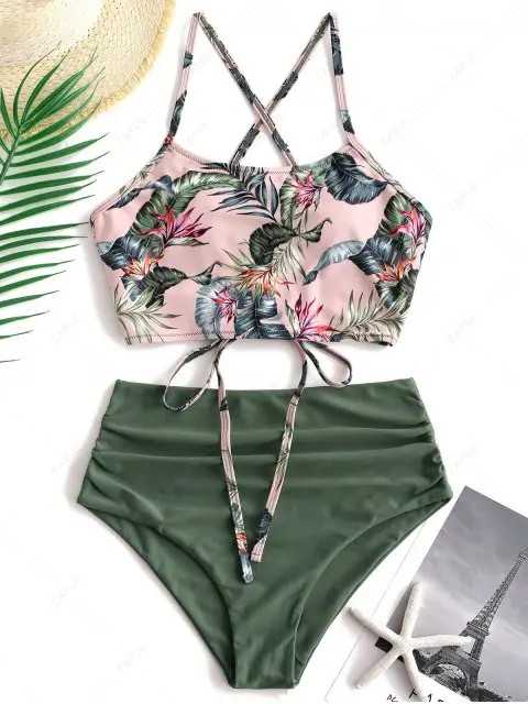 ZAFUL Palm Floral Lace Up Tummy Control Tankini Set | ZAFUL (Global)