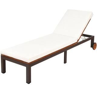 Acacia Wood Outdoor Chaise Lounge with Beige Bean Cushions | The Home Depot