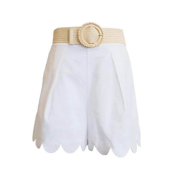 Raffia Belted Scallop Shorts, White Linen | The Avenue