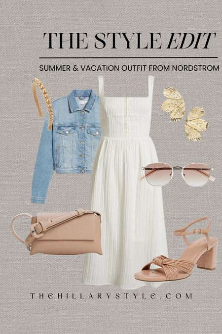 The Style Edit: Summer and Vacation outfit from Nordstrom. White dress, bodice dress, denim jacket, cropped denim jacket, block heels, block heel sandal, neutral sandal, crossbody bag, neutral handbag, gold headband, aviator sunglasses, white and gold sunglasses, pedal earrings, gold earrings, statement earring. Summer outfit, summer dress, summer dress outfit, vacation outfit, vacation dress, white dress outfit. All in Favor, Good American, Anne Klein, Mango, Lele Sadoughi, Le Specs, Nordstrom.

#LTKOver40 #LTKSeasonal #LTKStyleTip