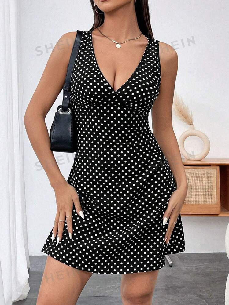 SHEIN Raffinéa Women's Polka Dot V-Neck Sleeveless Dress | SHEIN