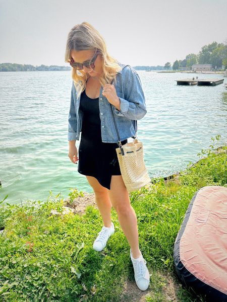 Spring outfit idea / my favorite black skort, white sneakers, denim shirt, wicker bag is an amazon find, linked these sunglasses and my black tank top and turquoise jewelry #springoutfit #amazonfashion vacation outfit, casual style, weekend outfit, affordable fashion 

#LTKfindsunder50 #LTKshoecrush #LTKsalealert