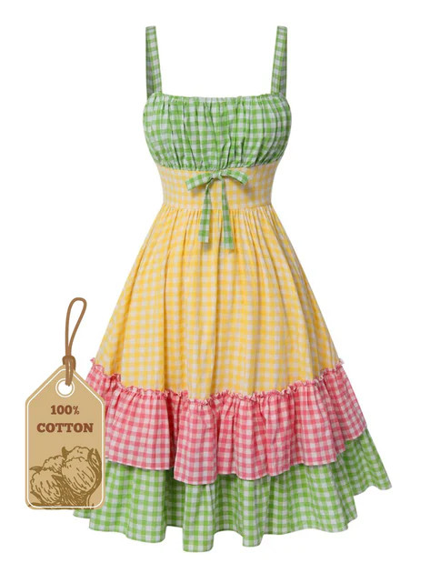 Multicolor 1950s Pure Cotton Straps Plaid Dress | Retro Stage