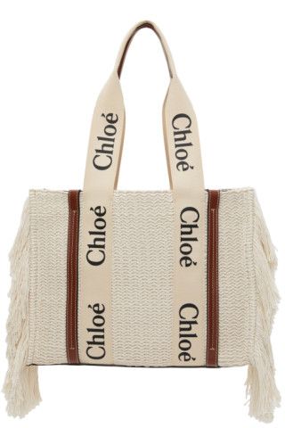 Off-White & Burgundy Medium Fringe Woody Tote | SSENSE