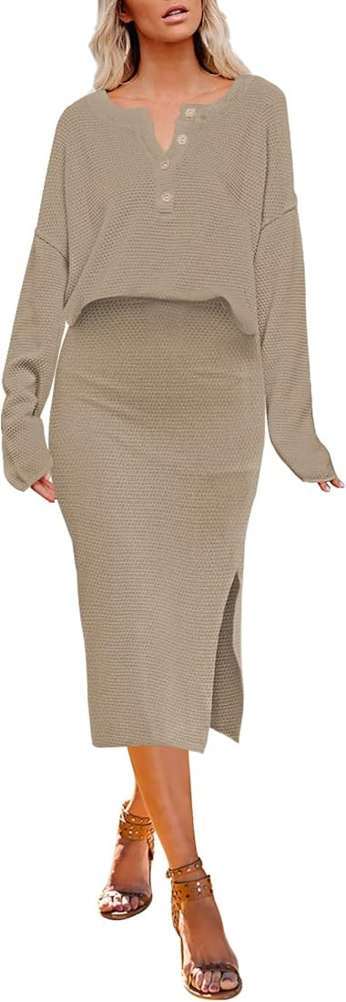 Linsery Women 2 Piece Outfits Long Sleeve Crop Top Bodycon Midi Skirt Sweater Dress Sets | Amazon (US)