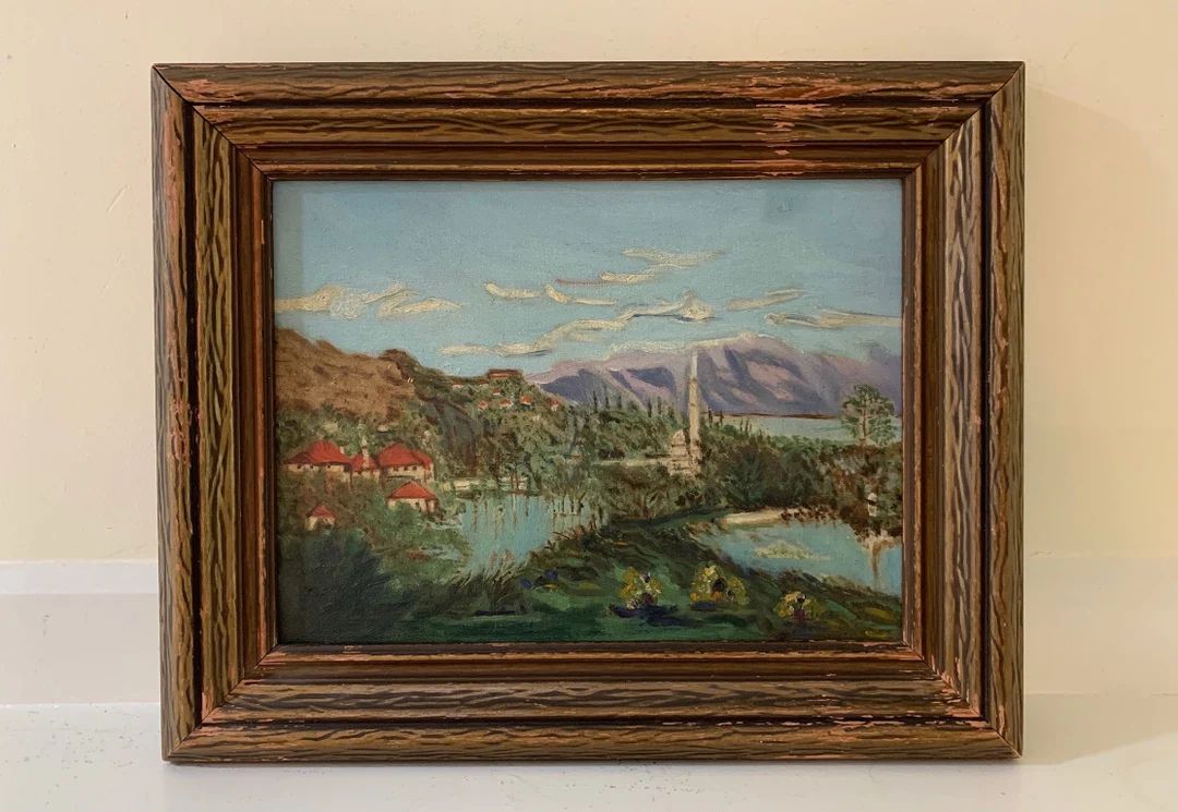 Vintage or Antique Framed Original Landscape Oil Painting of a Mountain Village On a Hillside and... | Etsy (US)