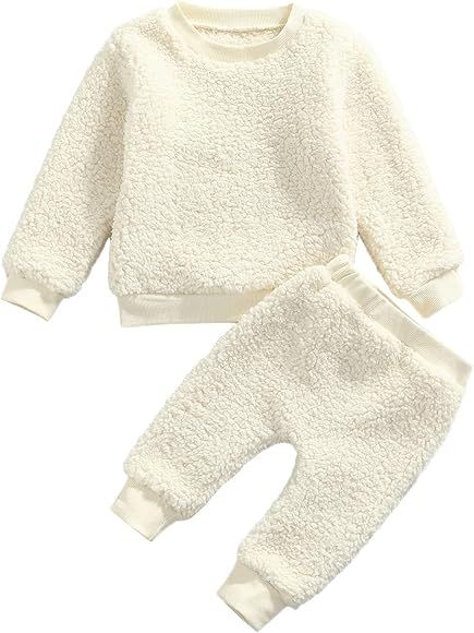 Toddler Infant Baby Boy Girl Fall Winter Outfit Sherpa Fleece Sweater Pullover Tops Solid Pants Warm | Amazon (US)