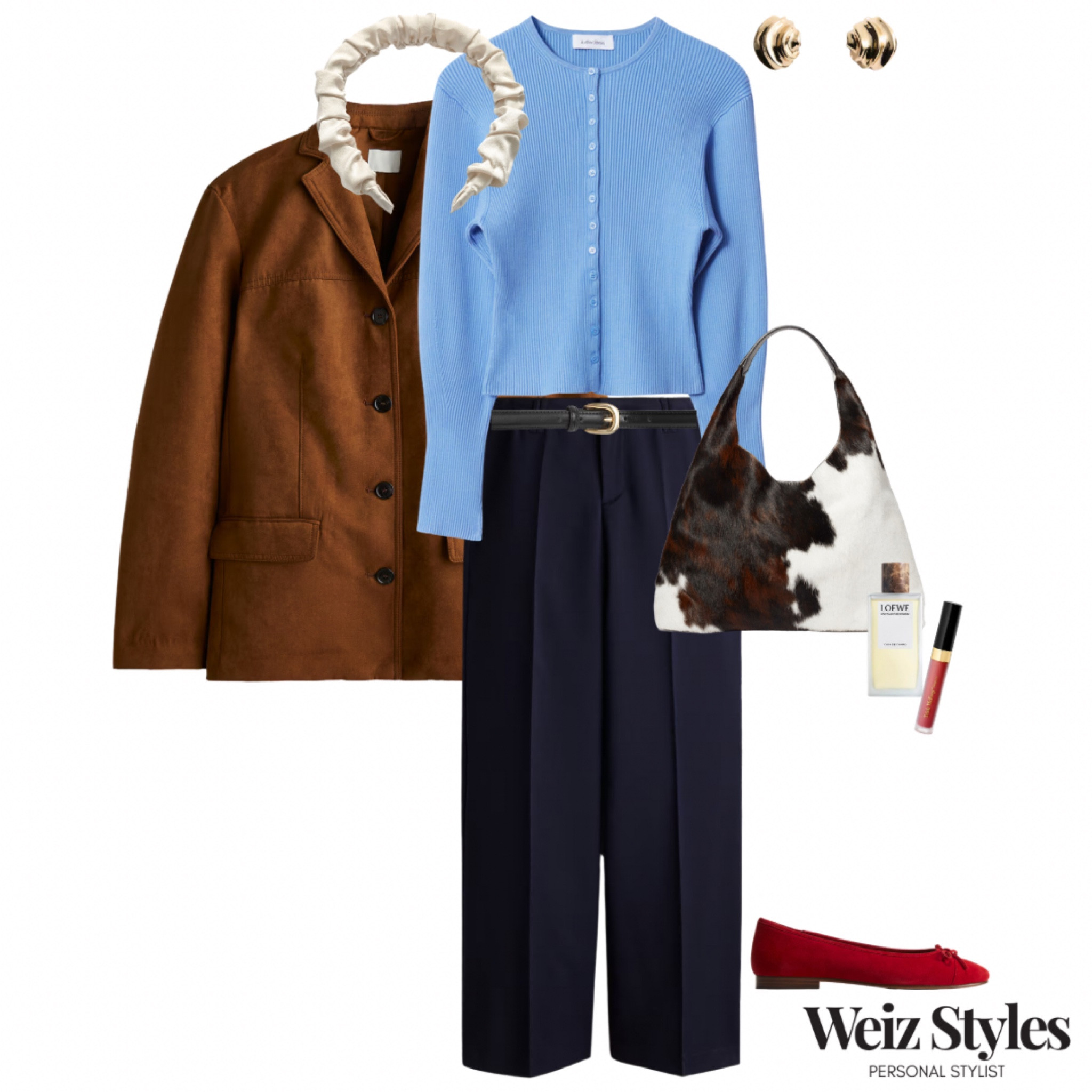 A quirky way to elevate a simple workwear look 💙 the brown suede blazer, red ballerina shoes, cow print bag and ruched satin headband are all filled with character and instantly transform the basic top and trouser look… why not give it try? ✨

Head to www.weizstyles.com to find out how I can help you on your style journey 💖

Louise x

Personal stylist, styling, ootd, neutral aesthetic, London, Weiz styles, shopping, outfit of the day, uk, confident, handbag, bag, perfume, fragrance, lipstick, lip, elevate your style, feel good, flat lay, shopping, high street, designer, ltk, light blue, baby blue colour, winter, 2025, virtual styling, navy blue, tailored trousers, waist belt, leather, gold buckle, blue knitwear, knit, knitted, button up cardi, cardigan, satin, headband, Aliceband, H&M, mango, and other stories, suede blazer, jacket, brown, trend, trendy, elevate, workwear, office outfit, chic, quirky, character, cool, professional, fashion, stylish, gold earrings, selfridges, red, lippy, lipgloss, ballerina shoes, flats, Loewe, fragrance 

#LTKstyletip #LTKworkwear #LTKuk