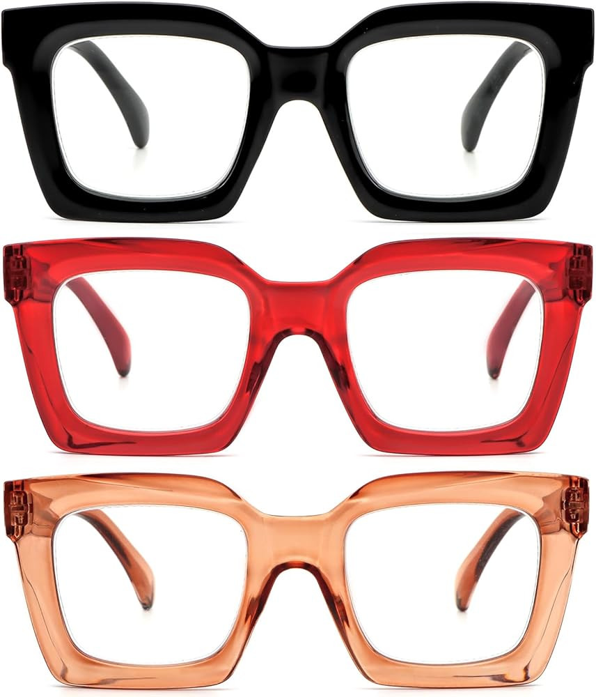 REAVEE 3 Pack Thick Frame Oversized Reading Glasses for Women Blue Light Blocking Computer stylis... | Amazon (US)