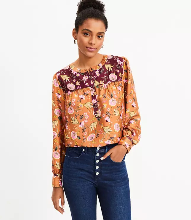 Mixed Print Henley Blouse | LOFT