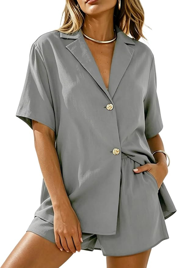APAFES Women 2 Piece Set Button Down Shirt Shorts Sets Summer Two Piece Outfits Beach Vacation Ca... | Amazon (US)