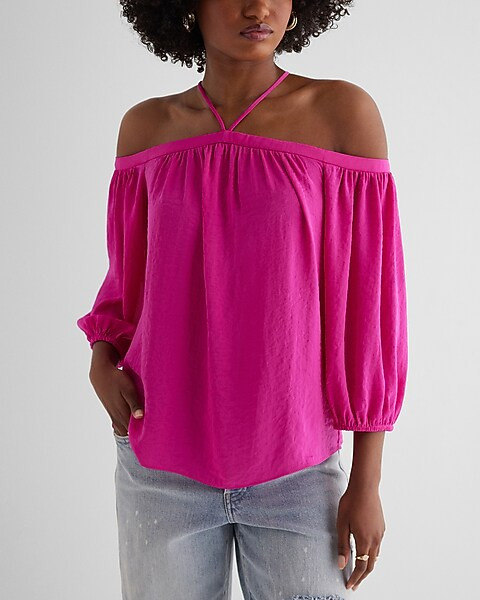 Off The Shoulder Halter Long Sleeve Top | Express
