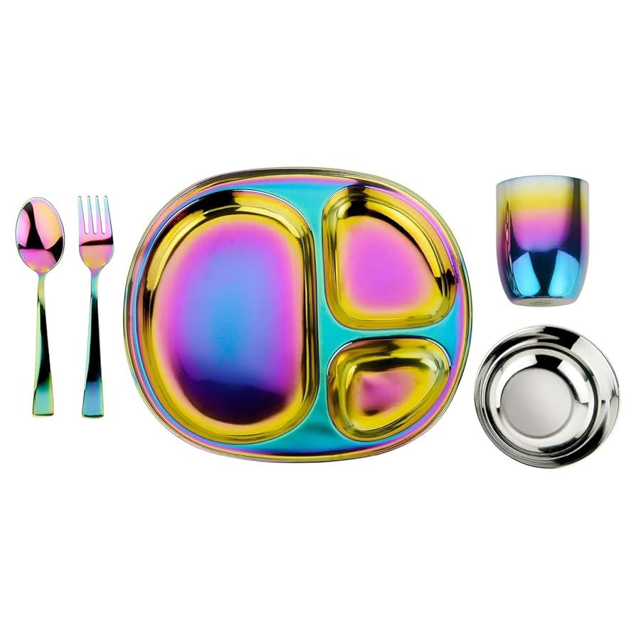 Ahimsa Stainless Steel Kids Dinnerware Set - 5 Piece Stainless Steel Toddler Plates and Bowls Set... | Amazon (US)