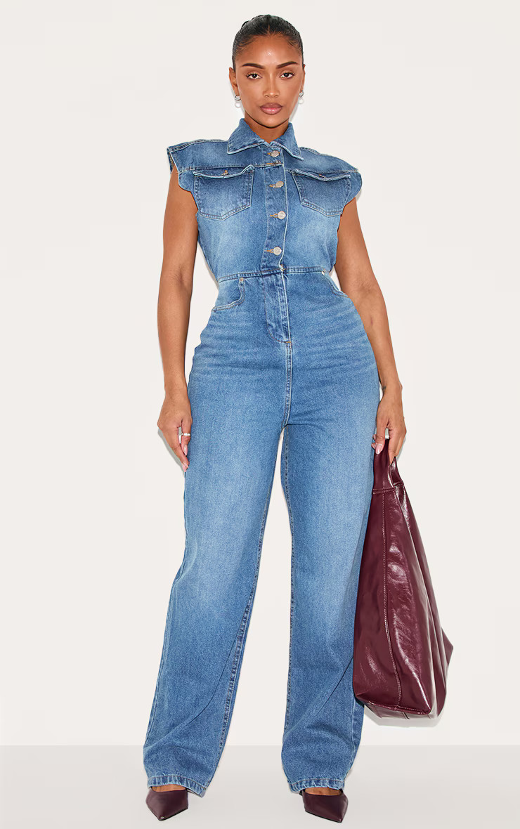 Shape Light Blue Sleeveless Rigid Denim Jumpsuit | PrettyLittleThing US