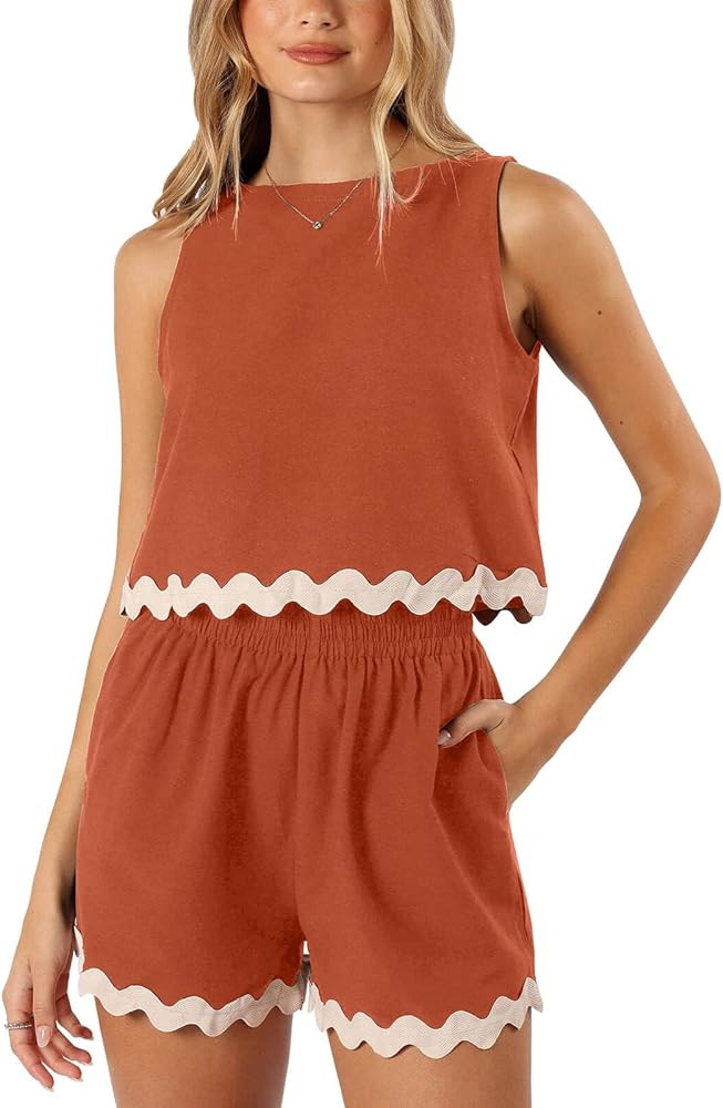 Tankaneo Womens 2 Piece Vacation Outfits Lounge Sets Casual Cropped Tank Tops Shorts Matching Set | Amazon (US)