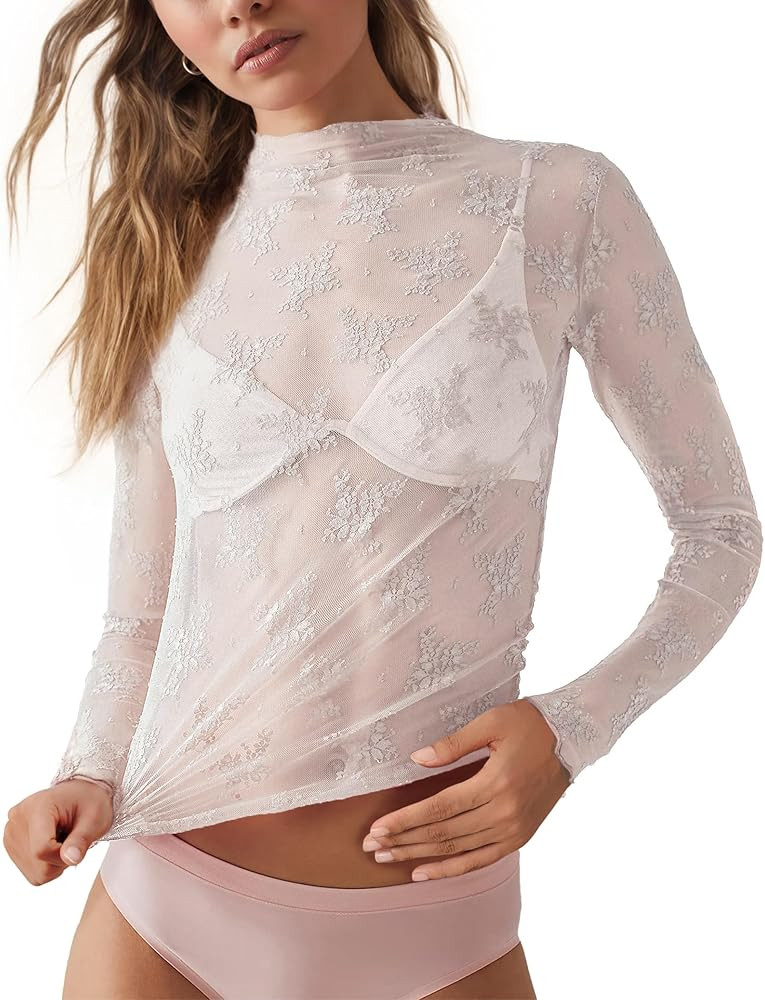 siliteelon Lace Tops for Women Floral Long Sleeve See Through Mesh Blouse Mock Neck Shirt for Par... | Amazon (US)