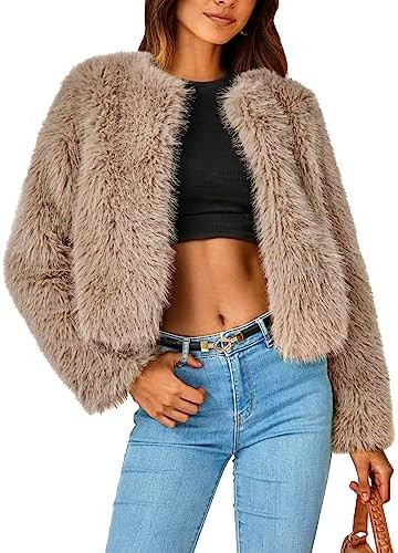 PRETTYGARDEN Women's 2025 Winter Coats Fleece Cropped Jacket Faux Fur Long Sleeve Pockets Shaggy ... | Amazon (US)