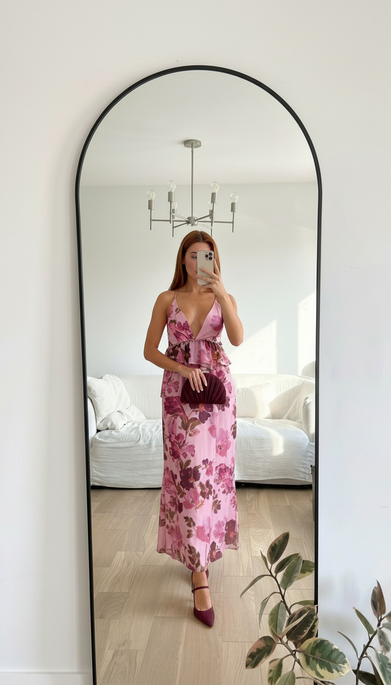 Elegant pink floral maxi dress 🌷 styled with burgundy heels and a matching clutch for a romantic spring wedding guest outfit 💃. Perfect for garden weddings, summer weddings, and formal outdoor events. 

 #LTKootd #LTKWedding