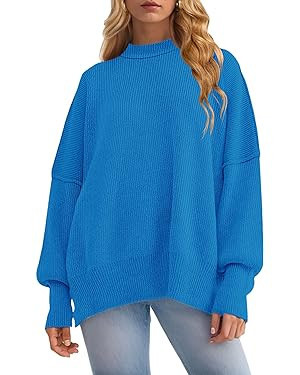 ZESICA Women's 2023 Fall Casual Long Sleeve Crew Neck Side Slit Oversized Ribbed Knit Pullover Sw... | Amazon (US)