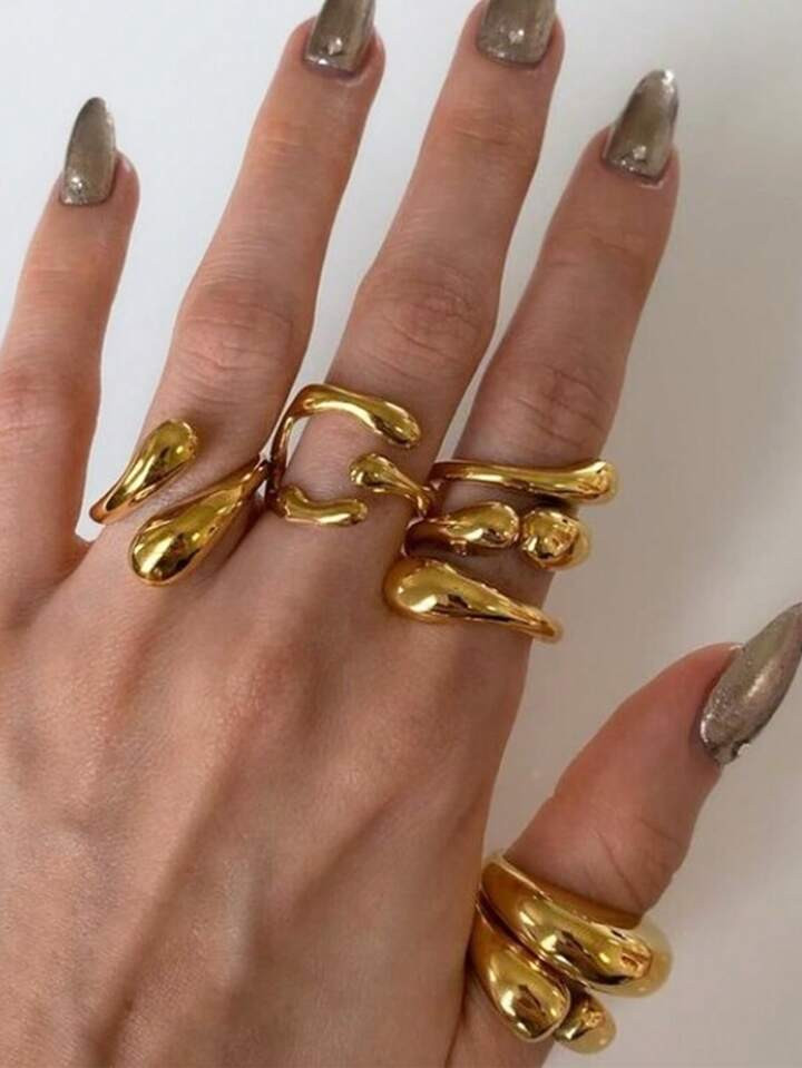4pcs/Set Fashionable Wide-Faced Geometric Irregular Line Wrapped Ring, Silver & Gold, Open Finger... | SHEIN