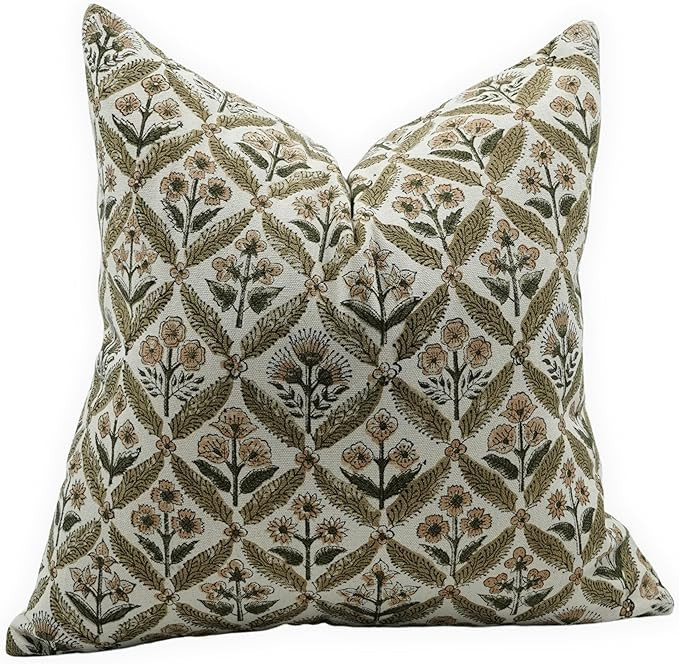 Floral Block Print Pillow Covers, 20x20 Inch Duck Canvas Pillowcase for Boho Fall Home Decor Hand... | Amazon (US)