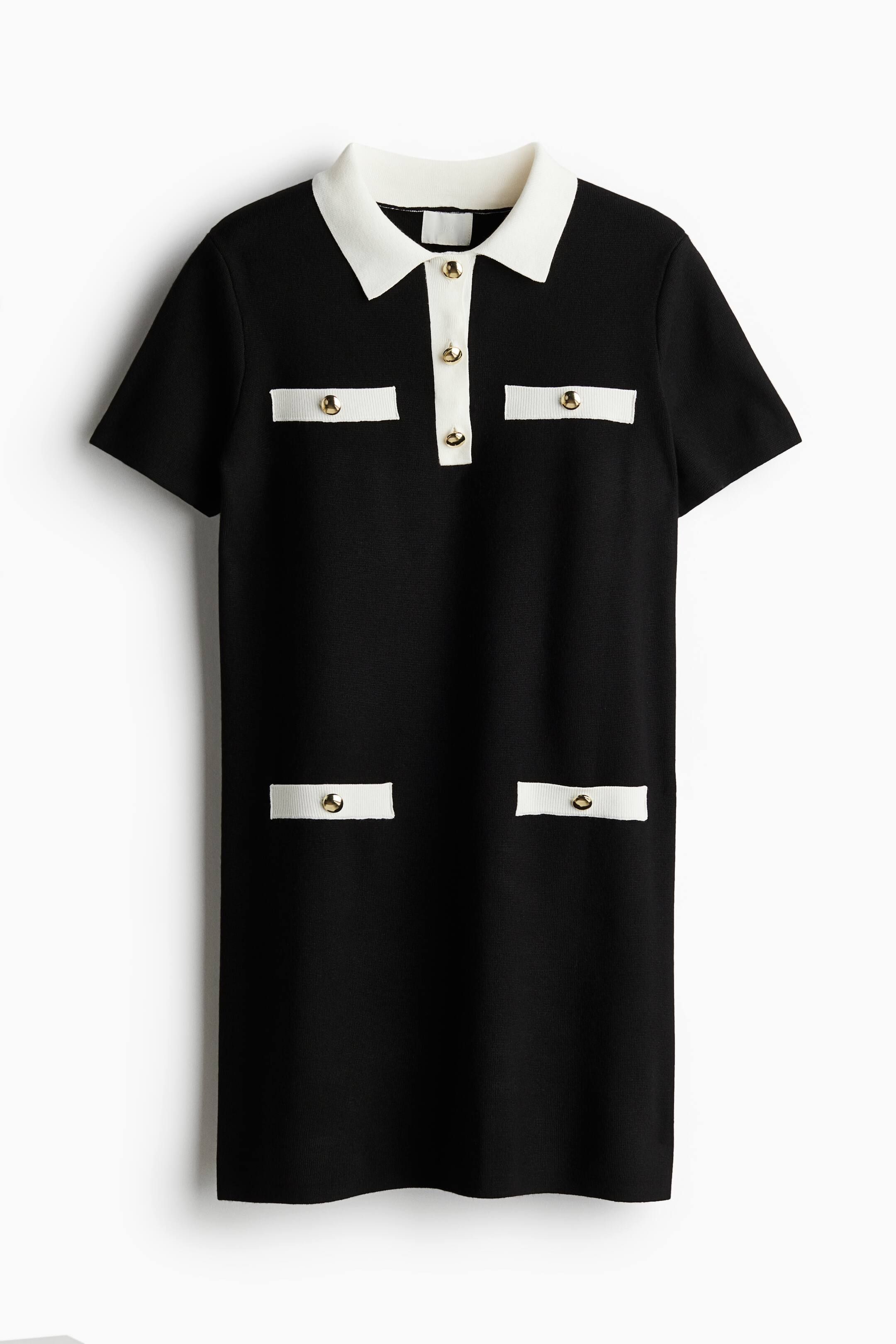 Fine-Knit Dress with Collar - Round Neck - Short sleeve - Black/white - Ladies | H&M US | H&M (US + CA)