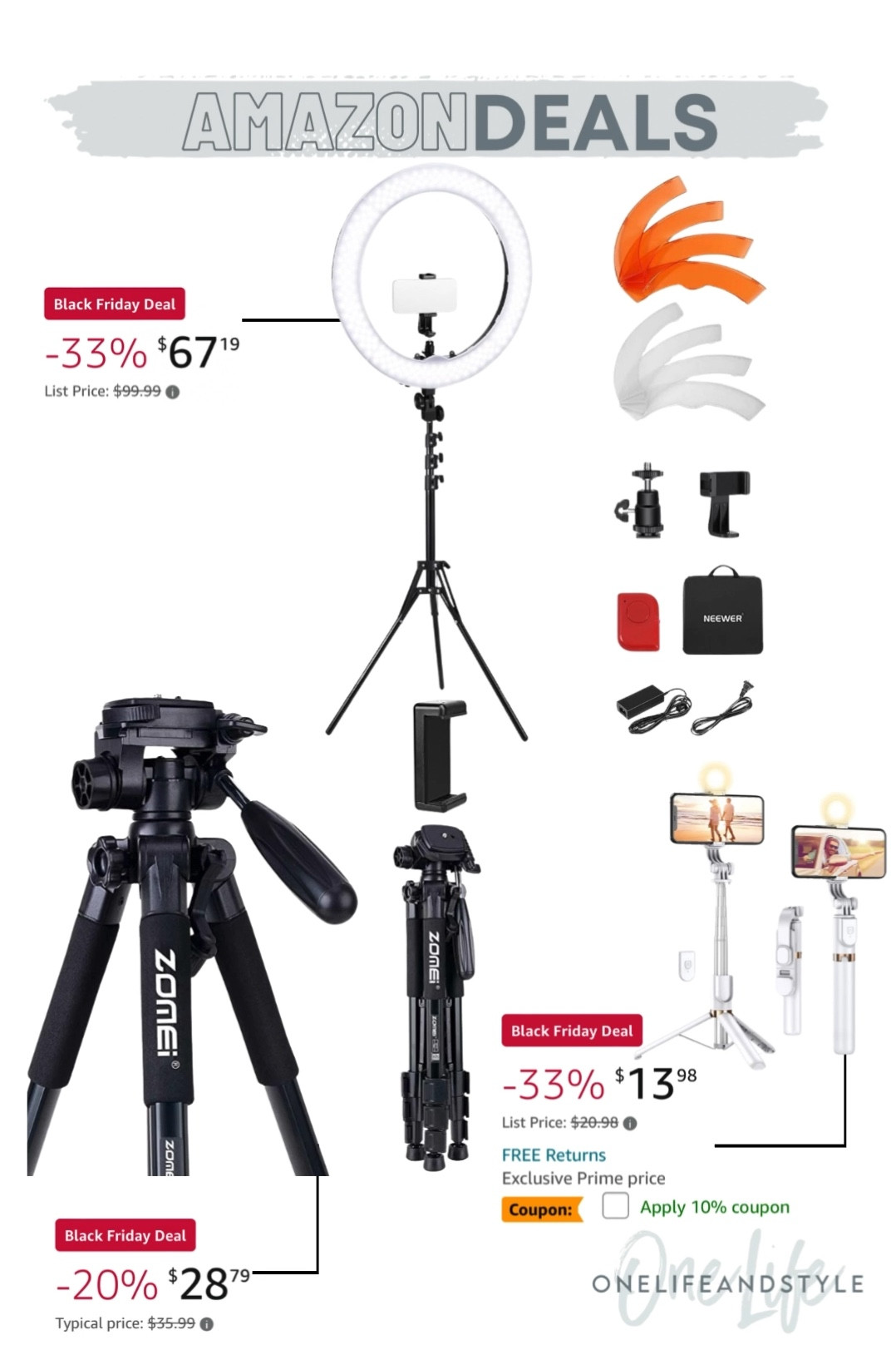 Amazon deals on some of my tools that I use for filming. The black tripod and the light-ring are what I use daily, while the white tripod is my travel tripod (it compacts to a fit in my purse!)
ALSO linked my small portable light (for travel and for chatting on stories) and the adapter for the black tripod  

#LTKCyberWeek #LTKFindsUnder100