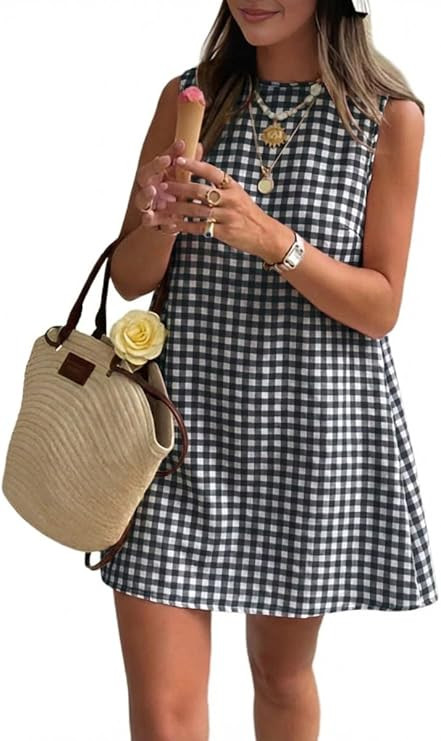 IDEALSANXUN Womens Gingham Dress Spring Summer Beach Boho Sleeveless Mini Sundress | Amazon (US)