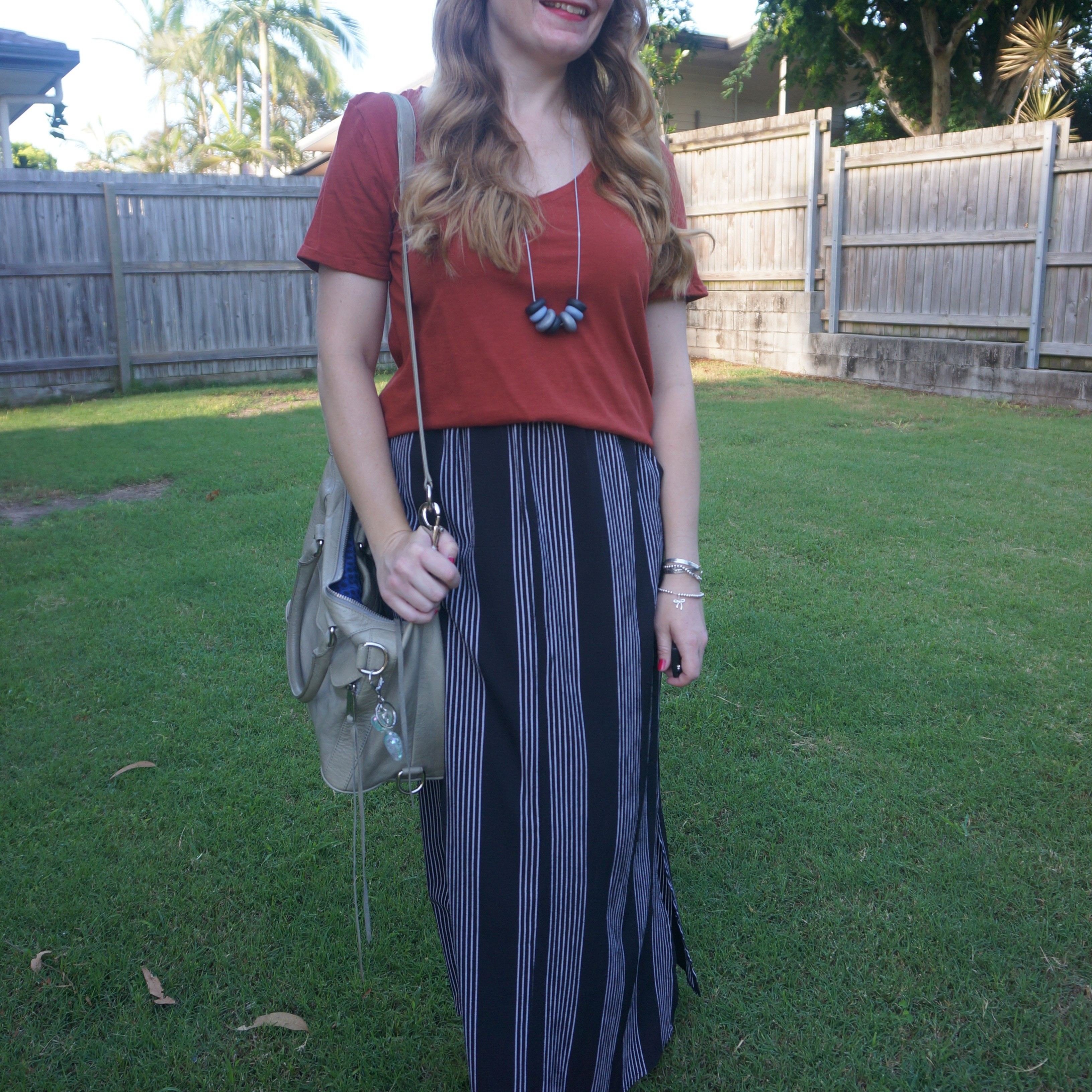 Rust tee, black and white vertical striped maxi skirt and Rebecca Minkoff mini MAB bag in grey ❤️

#LTKbag #LTKaustralia #LTKsummer