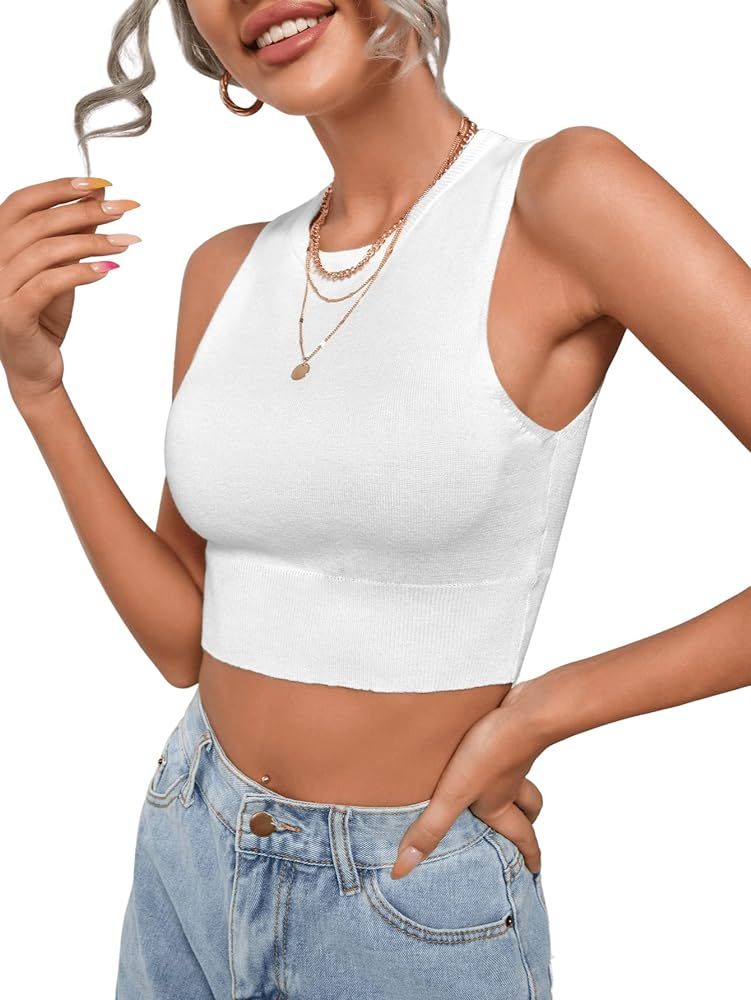 SweatyRocks Women's Ribbed Knit Crop Sleeveless V-Neck Sweater Vest Crop Tank Top | Amazon (US)