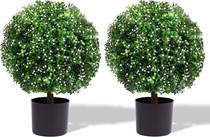 Artificial Boxwood Topiary Ball Tree, Set of 2 UV Resistant Faux Potted Bushes with White Flowers... | Amazon (US)