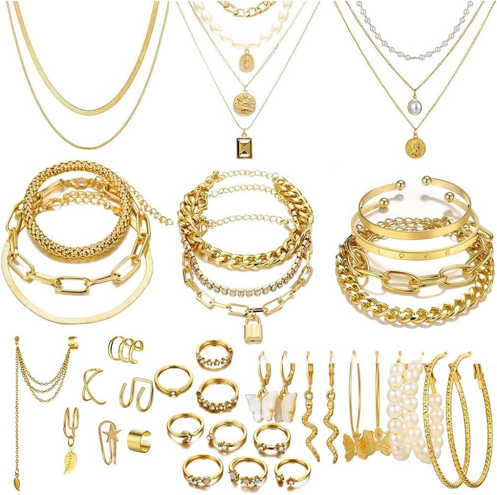 46 Pcs Gold Jewelry Set with 11Pcs Necklace, 11 Pcs anklet and 18 Pcs Earring Ear Cuff,6Hoop Earr... | Amazon (US)