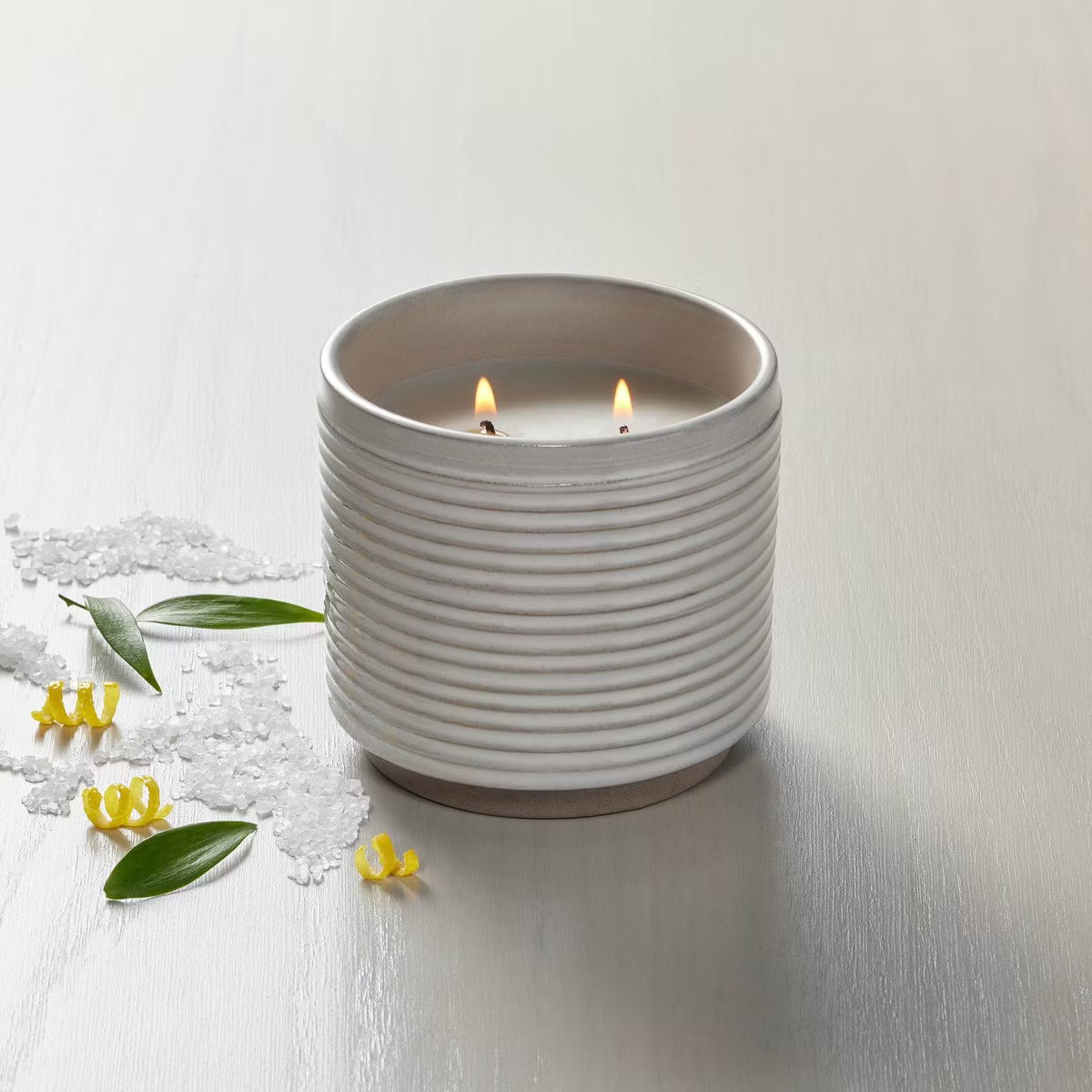 2-Wick Ribbed Ceramic Salt Jar Candle Light Gray 12oz - Hearth & Hand™ with Magnolia: Soy & Par... | Target