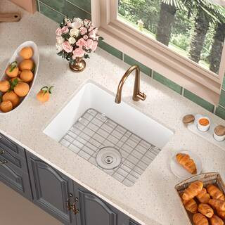 Glen White Rectangular Fireclay 24 in. Single Bowl Undermount/Drop-In Kitchen Sink with Basket St... | The Home Depot