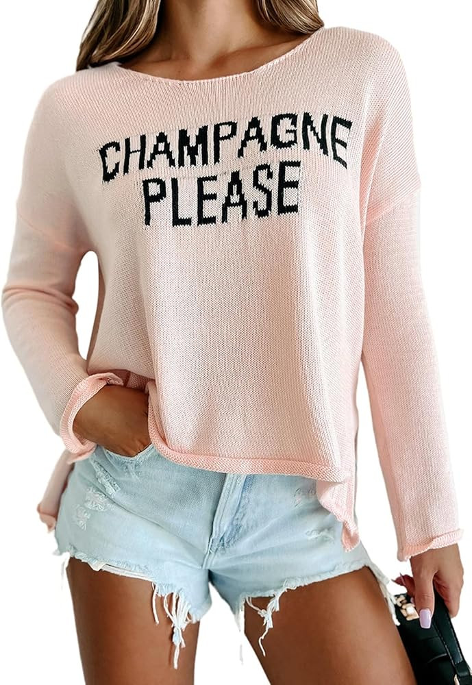 Women Champagne Please Graphic Sweater Casual Slogan Round Neck Long Sleeve Loose Pullover Top | Amazon (US)