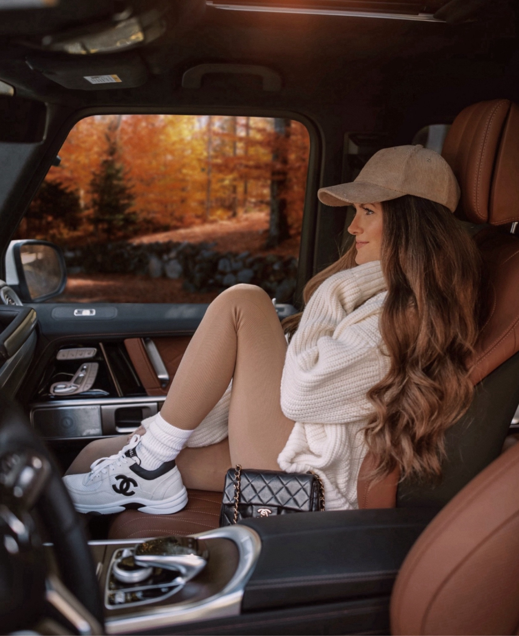 Fall fashion, cozy fall, fall find, leggings, hat, Vermont, Chanel sneakers, designer