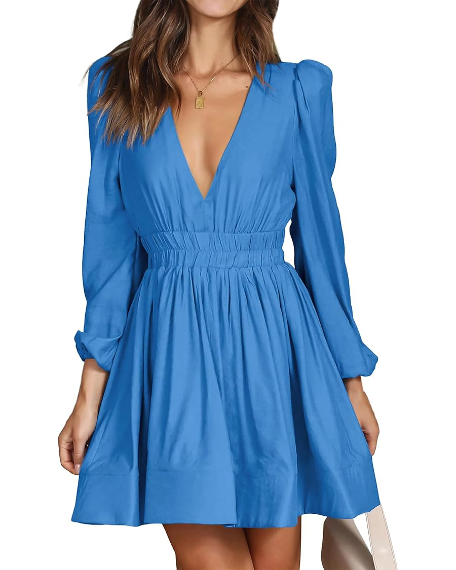 FAIABLE Mini Dress Deep V Sexy Dress Long Sleeve Dress for Women A-line High Waisted Casual Flowy... | Amazon (US)