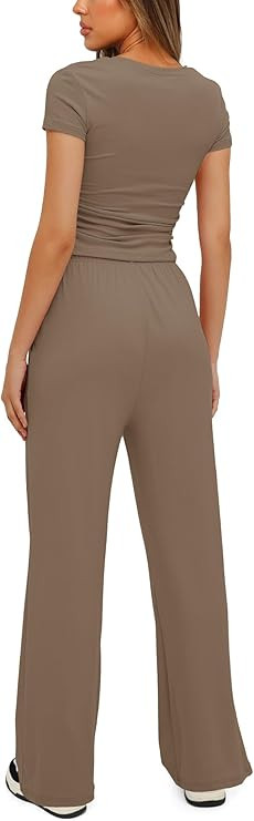 Darong Women's 2 Piece Outfits Lounge Sets Ruched Short Sleeve Tops and High Waisted Wide Leg Pan... | Amazon (US)