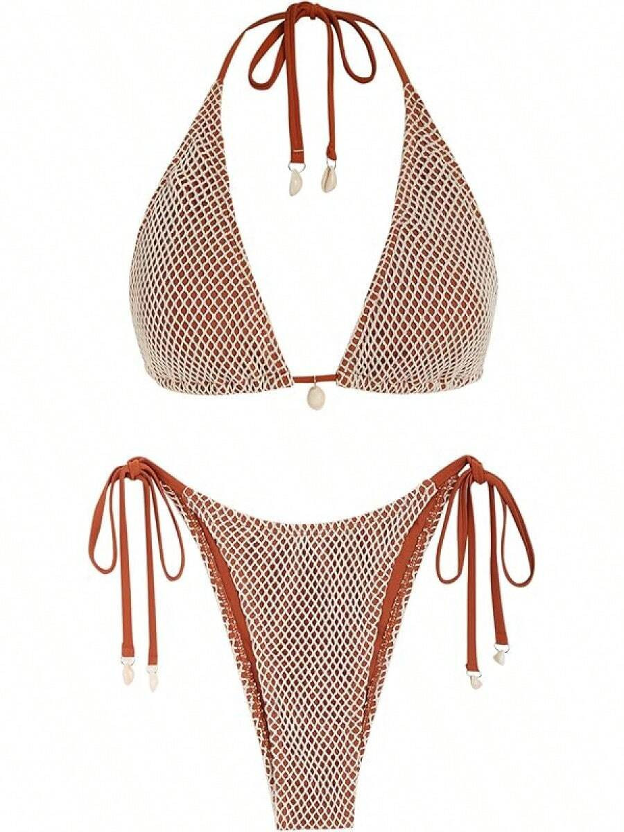 2025Hot SaleZAFUL Women's Bikini Multiway Fishnet Tie Side Bandeau Halter String Bikini Set Two P... | SHEIN