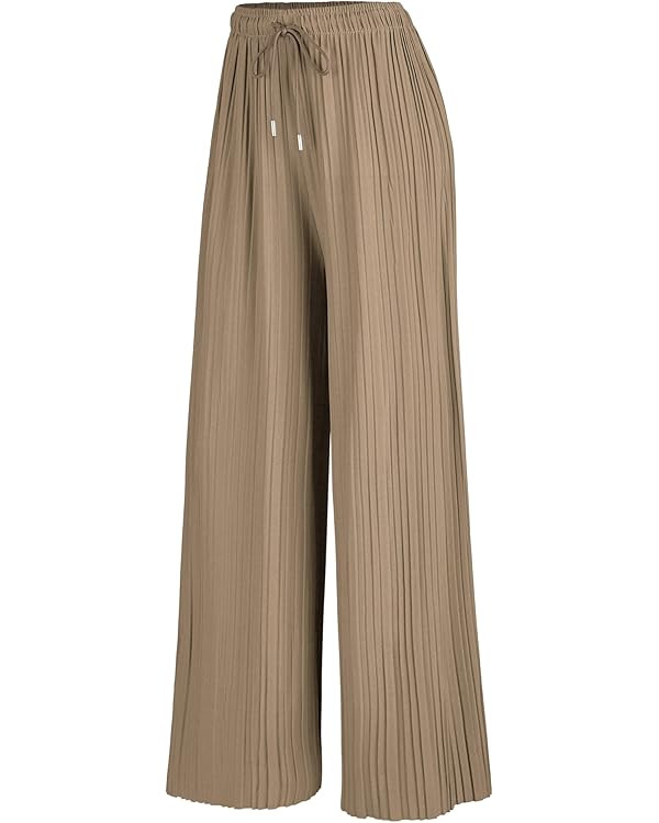 Lock and Love Womens Pleated Wide Leg Palazzo Maxi Pants with Drawstring or Elastic Band | Amazon (US)