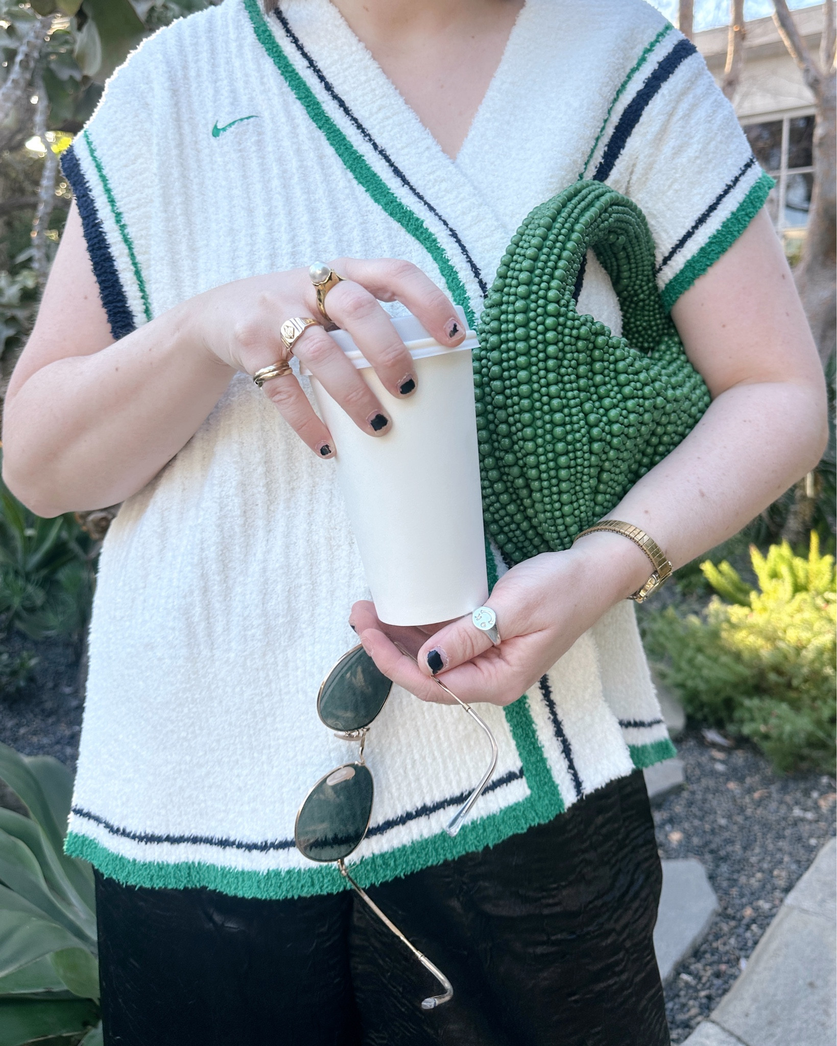 Nike Wrap-effect striped bouclé vest, net-a-porter, casual outfit, comfy clothes, activewear, blue and green, fall / winter, black and neutral, Topshop crinkle satin pull on wide leg pants in black, asos, spring / summer, comfy shoes, gold jewelry from Amazon (hoop earrings, rings), Joyingtwo Womens Ankle Casual Socks Lace Ruffle Low Cut Knit Cotton Lettuce Socks for Women Girls, adidas OG samba shoes, black and white sneakers, budget friendly, affordable, anthropologie The Tate Beaded green Handbag, purse, rayban sunglasses 

#LTKfindsunder50 #LTKstyletip #LTKfindsunder100