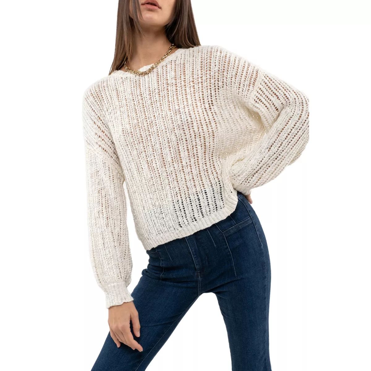 August Sky Women's Sheer Knit Pullover Sweater, Cream Medium | Target