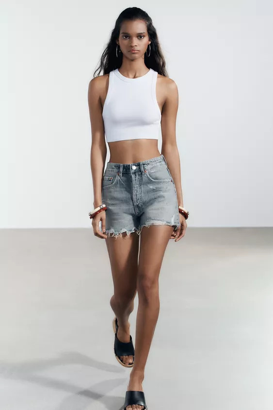 TRF HIGH-WAIST RIPPED DENIM SHORTS | Zara UK