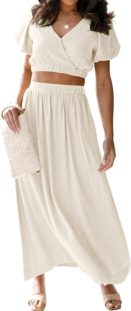 MEROKEETY Women's 2023 Summer Two Piece Outfits V Neck Puff Sleeve Crop Top and Flowy Maxi Skirt ... | Amazon (US)