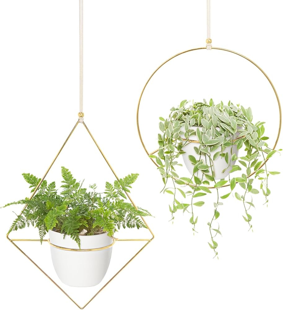 Mkono Boho Metal Hanging Planter with Plastic Pots, Set of 2 , Modern Mid Century Flower Pot Plan... | Amazon (US)